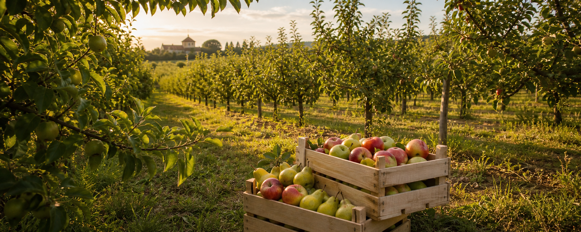 Verger autour de Bordeaux avec cagettes de fruits de saison